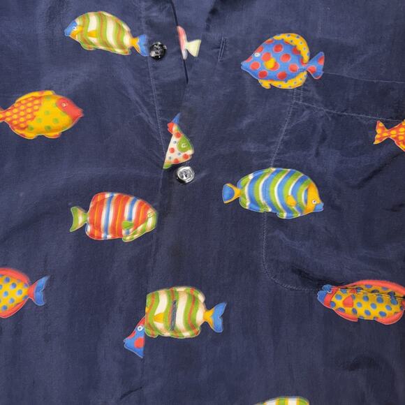 Vintage Tuttle Golf Mens Size Large Short Sleeve Camp Shirt Blue Tropical Fish - Picture 2 of 6